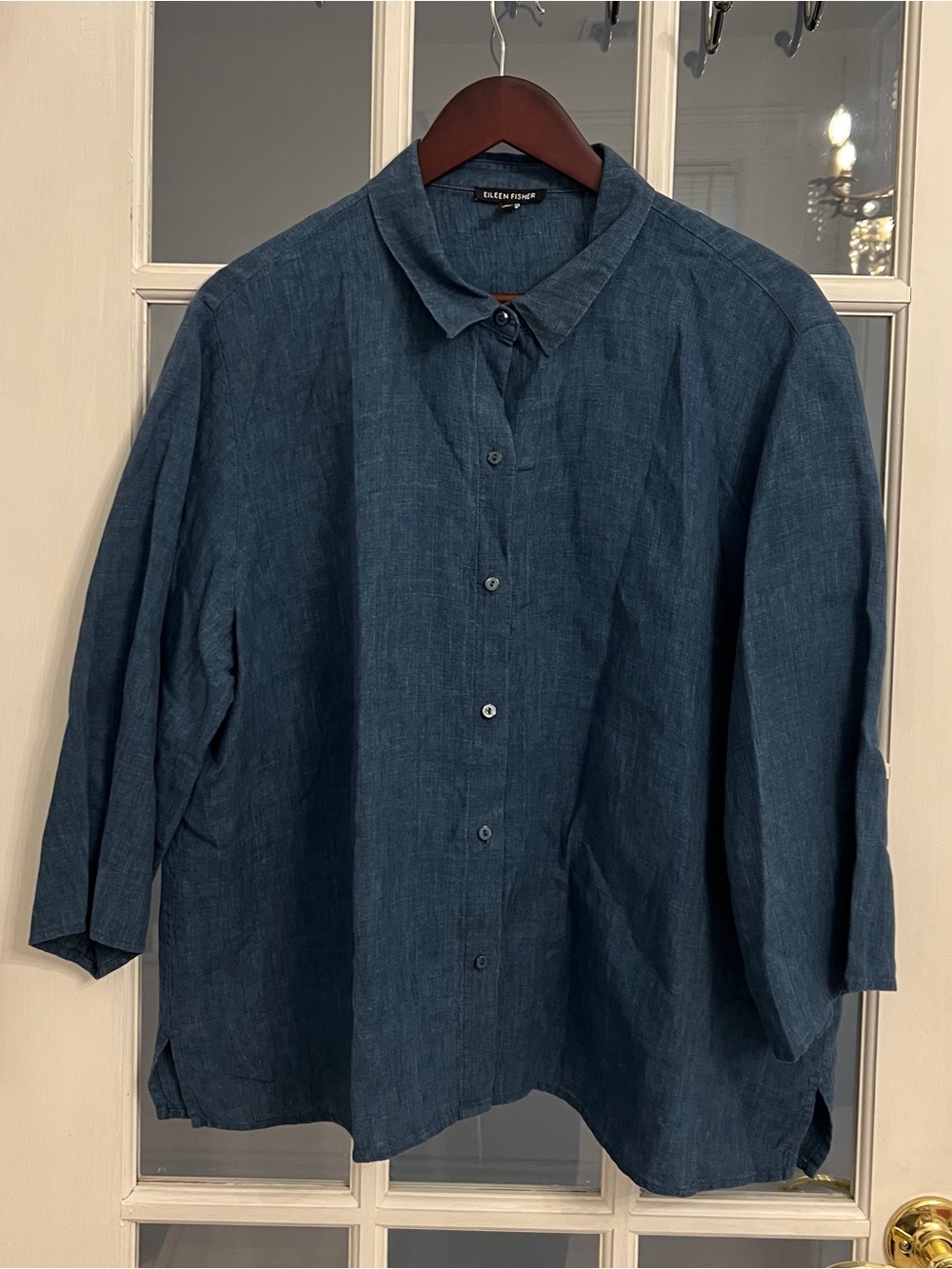 EILEEN FISHER Women’s Organic Linen Button Down Shirt Blue Tunic Size XL